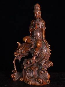中国 清代 古黄楊木彫 仏教 仏像 竜魚観音 仏教古美術 供養品 木彫り 時代物 置物 中国古美術 GYS105