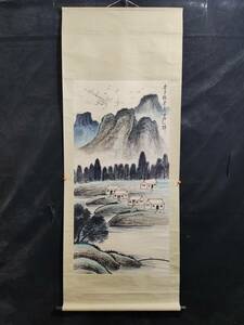 中国書画【近現代の画家 斉白石 山水民家図 手描き 紙本】掛け軸 書画立軸 巻き物 時代物 中国美術 賞物 美術品 XRG232