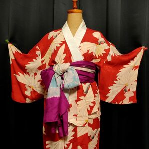 大正浪漫 アンティーク 長襦袢 菊 赤 紅絹 花模様 着物 レトロ 銘仙 kimono Antique nagajuban