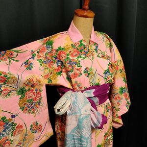 大正浪漫 花づくし 桃色 アンティーク 長襦袢 ピンク レトロ 着物 古典 銘仙 kimono Antique nagajuban