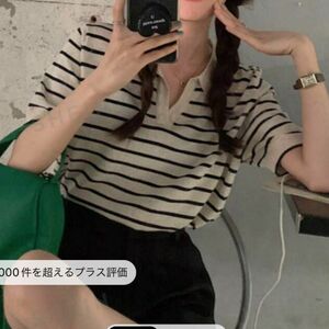 プルオーバー 韓国 ファッション　春夏　ポロネック　ストライプ　Tシャツ　ニット　shine 半袖