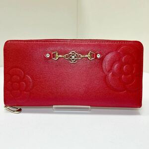 ◆CLATHAS クレイサス レティーロ 187011　長財布◆　ラウンドジップ　カメリア 型押し　小銭入れ有　レッド 【USED】0325