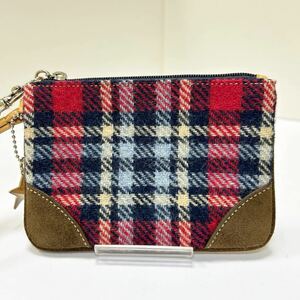 ☆良品☆ ◆COACH コーチ◆ リストレット　ミニポーチ　ツイード×スエード　ストラップ＆ロゴタグ付き　100％ウール 【USED】0327