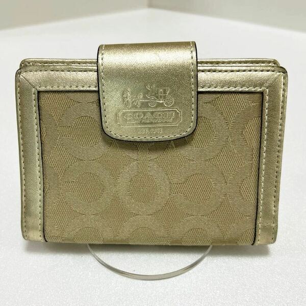 ☆COACH コーチ 手帳カバー☆　スナップ式　シグネチャー　キャンバス×レザー　ロゴ刻印　ゴールド【USED】0129