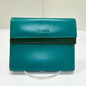 ◆FURLA フルラ◆　折り財布　三つ折り　本革　小銭入れ＆定期入れ有　ロゴ刻印　ターコイズブルー　MADE IN ITALY 【USED】0319