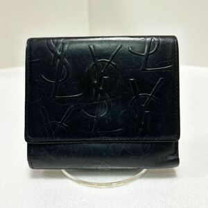 ◆YVES SAINT LAURENT イヴサンローラン◆ 折り財布　ヴィンテージ　本革　小銭入れ有　ロゴ刻印　ブラック 【USED】0313