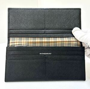 ◆BURBERRY バーバリー◆ 長財布　二つ折り　サフィアーノレザー　小銭入れ有　ブラック＆ノバチェック 　メンズ【USED】0314