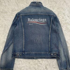 限定!! 希少52サイズ BALENCIAGA バレンシアガ gジャン デニムジャケット ブルゾン カバーオール ロゴ刺繍 2017 XLサイズ ダメージ加工