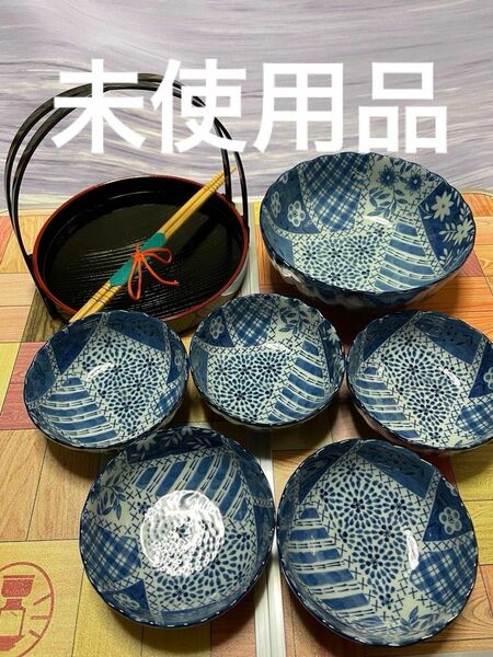 食器　花づくし　食卓揃　セット　小鉢5個　中鉢1個　箸 お盆　未使用品 小皿 和食器