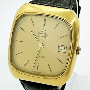 03304 オメガ OMEGA デビル DE VILLE メンズ 腕時計 デイト クォーツ 電池式 QZ ゴールドカラー 革ベルト プッシュリューズの画像1
