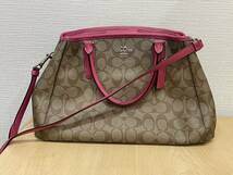 【22916】美品 COACH コーチ 2WAY シグネチャーショルダーバッグ F58310 PVC×レザー カーキ×ピンク_画像1