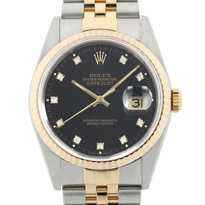 ロレックス デイトジャスト 10Pダイヤ 16233G ブラック X番 中古 メンズ 腕時計