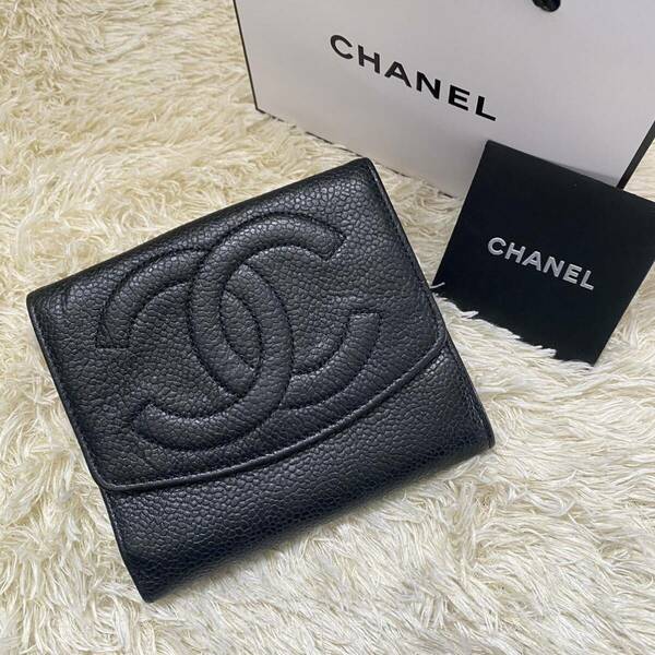 ☆CHANEL☆シャネル キャビアスキン 二つ折り 財布 ブラック