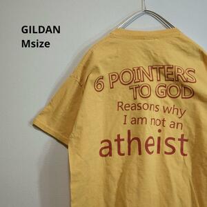 GILDAN黄色半袖Tシャツ両面プリント赤ロゴ入り 100%コットン　M　a6