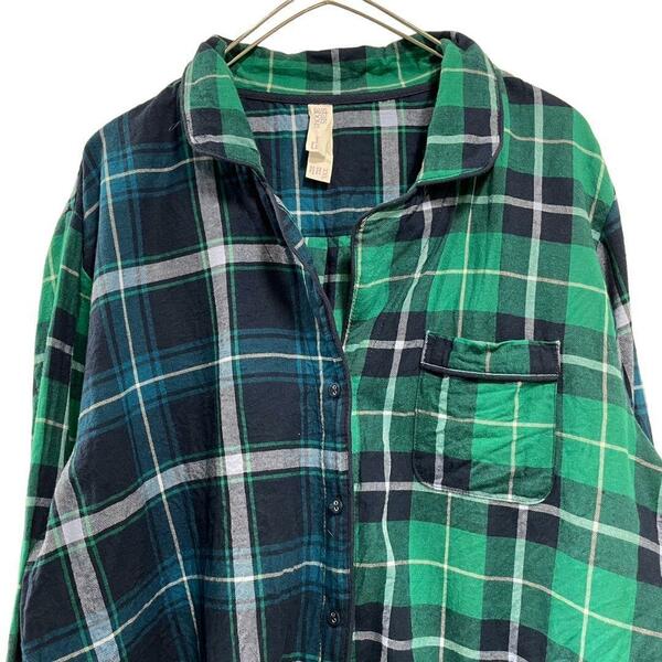 チェックシャツパジャマ　ルームウェア　緑紺　レディース2XL　17