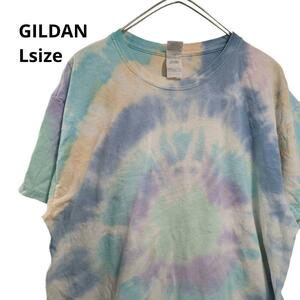 GILDAN タイダイ柄半袖Tシャツ　インポートアメリカ古着　虹色　水色L　21