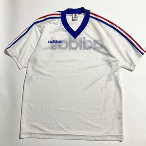 90s ☆ adidas ☆ 美品 トリコロール スリーライン メッシュ Tシャツ ゲームシャツ 半袖 ホワイト スポーツ ストリート デサント ■SAP148