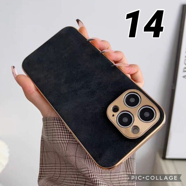 iPhone 14 ケース 黒 シンプル カバー 韓国 無地 レザー 高級感