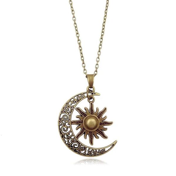 *太陽と月 モチーフ ネックレス*ブロンズ ミニ巾着袋付き アンティーク*Sun & moon ペンダント ムーン