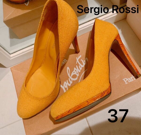 【期間限定セール】Sergio Rossi マスタード イエロー ツイード コルクヒール パンプス 37 美品