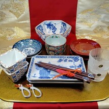 ⑥ お祝い膳 2名様セット お盆なし 長皿 小鉢 漆器 小皿 橘吉 会津塗 等 有田焼 古伊万里 たち吉_画像2