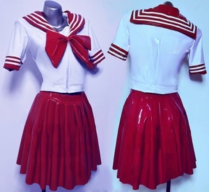 超光沢 セーラー風トップス、プリーツスカート 学生制服 仮装 キャバ嬢 コスチューム 上下セット(ホワイト×レッド)ＸＸＬ