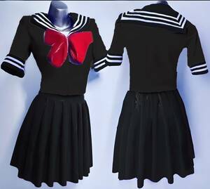 超光沢 セーラー風トップス、プリーツスカート 学生制服 仮装 キャバ嬢 コスチューム 上下セット(ブラック)ＸＸＬ