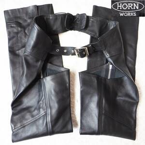  beautiful goods * horn Works HORN WORKS leather chaps original leather black black Biker touring men's W32~W38 leather ntsu