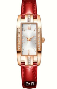 ★レディークォーツ 小型時計 スクエア型 ローマ数字文字盤 ヴィンテージ ドレス 時計 ラインストーン 腕時計　赤
