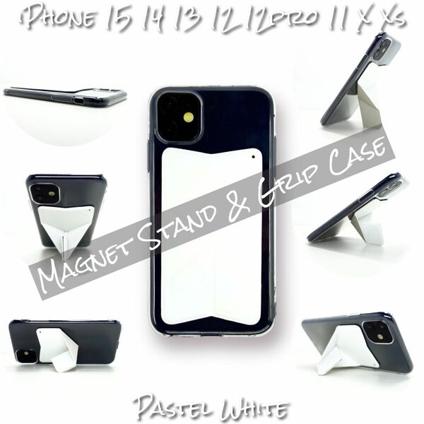 iPhone ケース 15 14 13 12 12Pro 11 X Xs SE3 SE3 8 スマホスタンド グリップ ホワイト