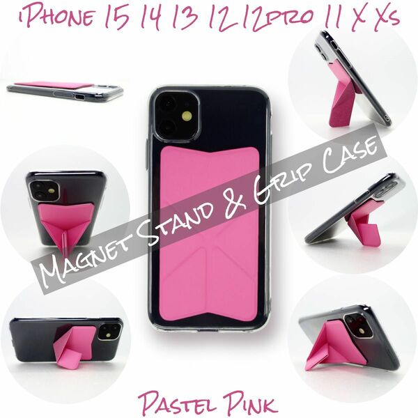iPhone ケース 15 14 13 12/12Pro 11 X/Xs スマホスタンド スマホグリップ ワイヤレス充電 ピンク