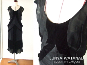 ★COMME des GARCONS★JUNYA WATANABEベロア装飾ワンピース　レース黒シースルー ジュンヤワタナベ レディースssノースリーブ ギャルソン