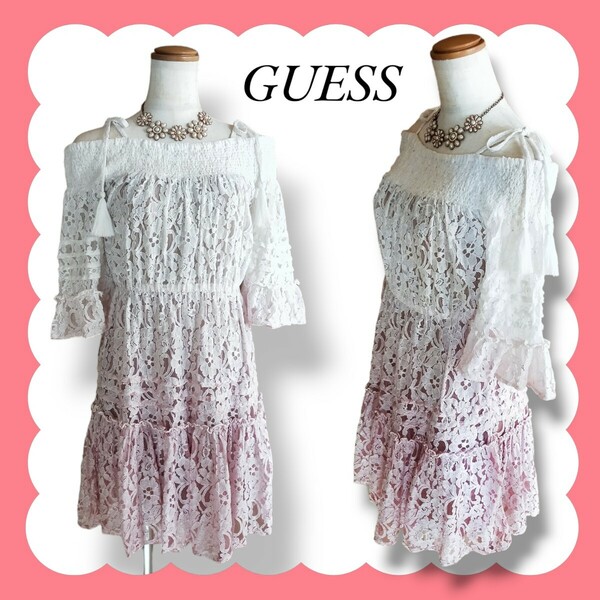 GUESS ゲス レース オフショルダー ミニワンピース パーティドレス