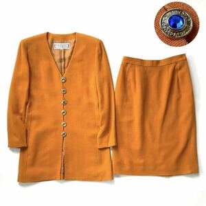 YvesSaintLaurent ビジュー装飾ボタン セットアップ M L オレンジ イヴサンローラン ノーカラージャケット スカート レトロ イタリア製生地