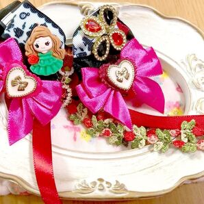 404 ハンドメイド ヘアゴム キッズ リボン プリンセス×きらきらストーン ローズ ハーフアップ 発表会