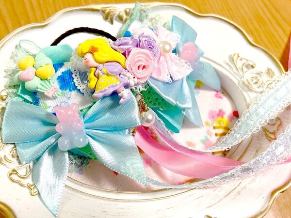 403 ハンドメイド ヘアゴム キッズ リボン ガール×お花 パステルミント ハーフアップ 発表会