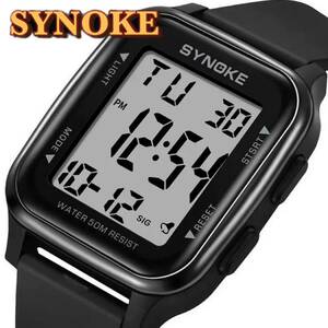 新品 SYNOKEスポーツデジタル 防水 デジタルストップウォッチ メンズ腕時計 スクエア ブラック 9836