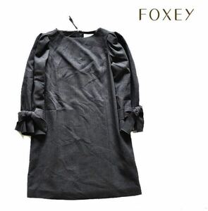 FOXY フォクシー ストレッチダブルフェイス 袖口リボン ワンピース グレー 40