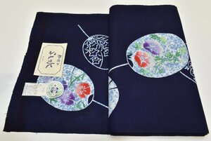 【ちどりや】未使用品 美品 木綿 女性浴衣地反物 東京本染ゆかた 団扇文様 朝顔 桔梗 撫子 紺 Y160