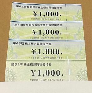 ビックカメラ　株主優待券　3000円分(1000円×3枚) コジマ　株主優待券　1000円分１枚　合わせて４枚4000円分　有効期限2024年5月31日