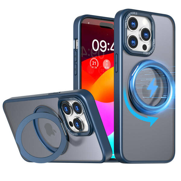 おまけ ガラス付き ブルー 青 iPhone 15 Pro Max plus ケース MagSafe 隠し収納 360度 スタンド アイフォン プロ マックス プラス