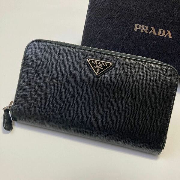 ★PRADA プラダ ラウンドファスナー ジップ 長財布 サフィアーノレザー 三角ロゴ ブラック 黒【鑑定済み 本物保証】