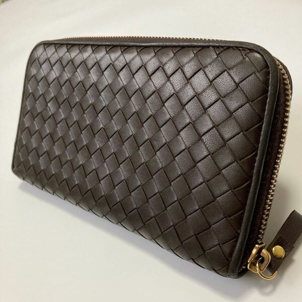 ★BOTTEGA VENETA ボッテガヴェネタ イントレ ラウンドファスナー ジップ メンズ レディース 茶 長財布 中古【鑑定済み 本物保証】