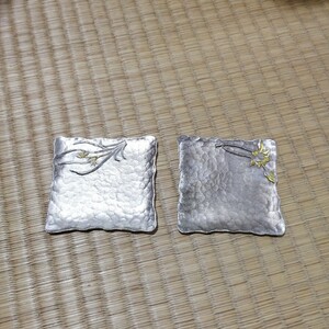 【キッチン雑貨】金属正方形プレート　2枚　「森广」刻印　角皿　小皿