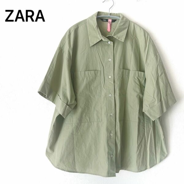 ZARA シャツ　M カラーシャツ　レディース　ピスタチオグリーン　半袖　ザラ