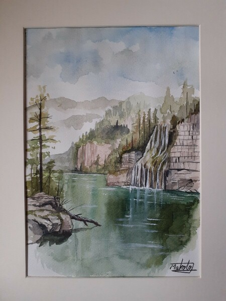 水彩画　湖の滝