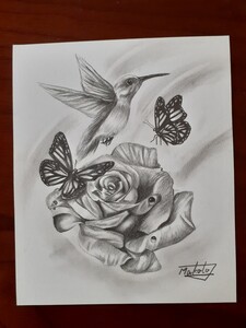 Art hand Auction Colibrí dibujo a lápiz, flor rosa y mariposa, obra de arte, cuadro, dibujo a lápiz, dibujo al carbón