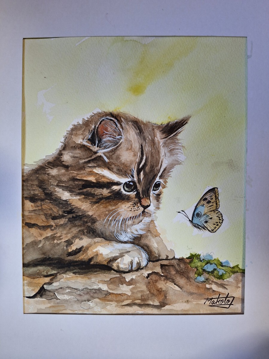 水彩画 チョウと見つめ合う子猫, 絵画, 水彩, 動物画