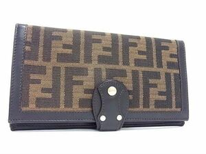 1円 ■美品■ FENDI フェンディ ズッカ柄 キャンバス×レザー 二つ折り 長財布 ウォレット メンズ ブラウン系 AV9792