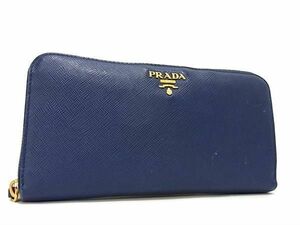 1円 PRADA プラダ サフィアーノレザー ラウンドファスナー 長財布 ウォレット 小銭入れ 札入れ メンズ レディース ブルー系 AV9681